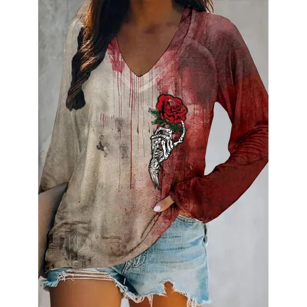 Women's Halloween Print V-Neck T-Shirt - Dozenlive.com 