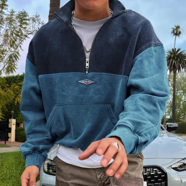 Vintage Unisex Contrast Half-Zip Stand Collar Sweatshirt - Wayrates.com 