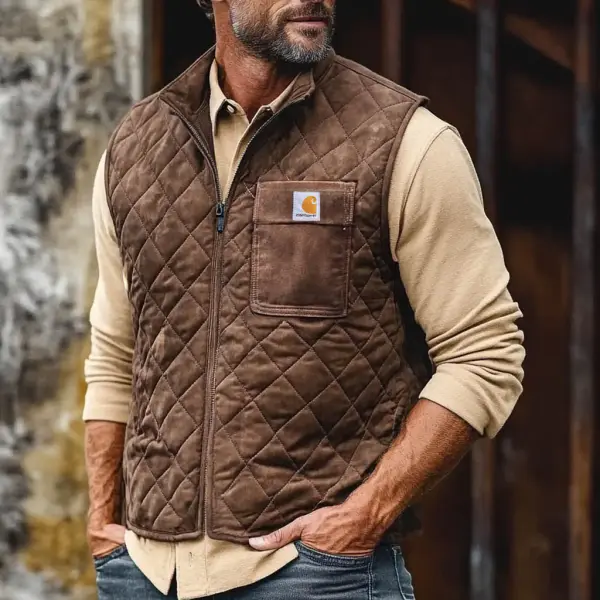 Men's Carhartt Vests Vintage Pocket Suede Quilted Zip Vest Motorcycle Stand Collar Vests - Menzfolk.com 