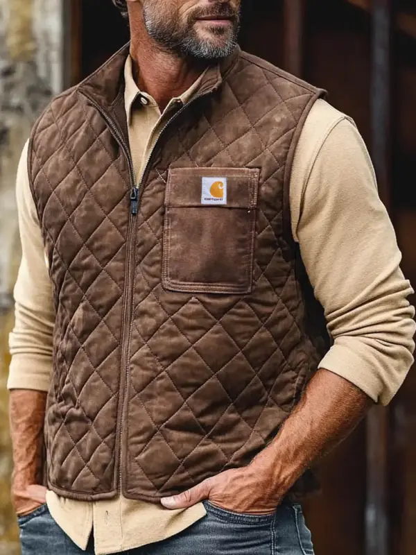 Men's Carhartt Vests Vintage Pocket Suede Quilted Zip Vest Motorcycle Stand Collar Vests - Menwyx.com 