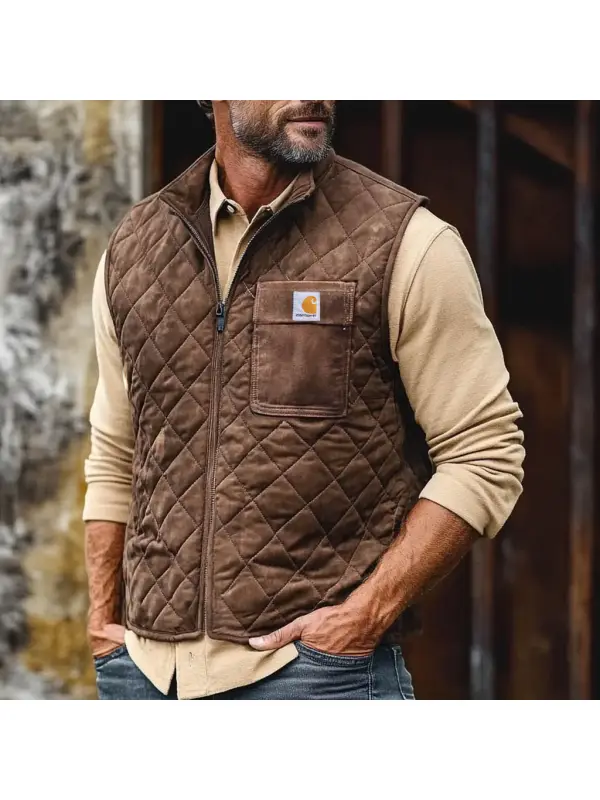 Men's Vintage Pocket Suede Quilted Zip Vest Outdoor Motorcycle Stand Collar Vest Jacket - Timetomy.com 