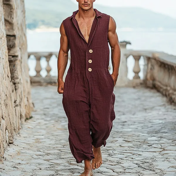 Men's Holiday Gentleman Plain Linen Breathable Sleeveless Jumpsuit - Ootdyouth.com 