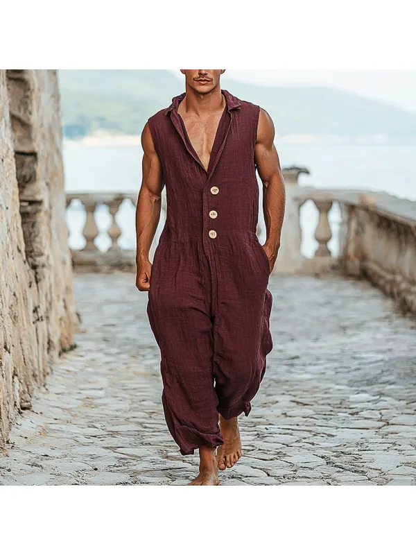 Men's Holiday Gentleman Plain Linen Breathable Sleeveless Jumpsuit - Ootdmw.com 