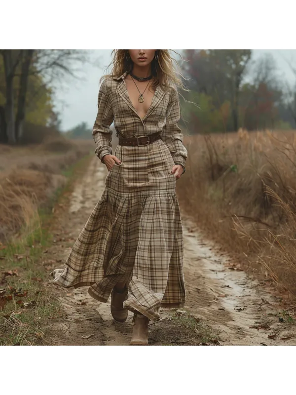 Retro V-neck Plaid Women's Long-sleeved Long Skirt Country Pastoral Retro Dress - Realyiyishop.com 