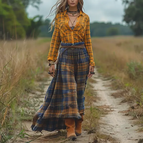 Retro V-neck Plaid Women's Long-sleeved Long Skirt Country Pastoral Retro Dress - Yiyistories.com 