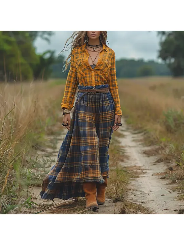 Retro V-neck Plaid Women's Long-sleeved Long Skirt Country Pastoral Retro Dress - Realyiyi.com 