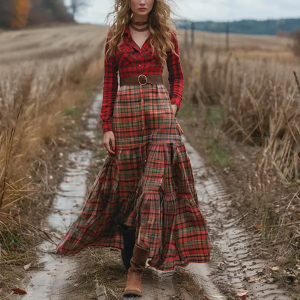 Retro V-neck Plaid Women's Long-sleeved Long Skirt Country Pastoral Retro Dress - Yiyistories.com 