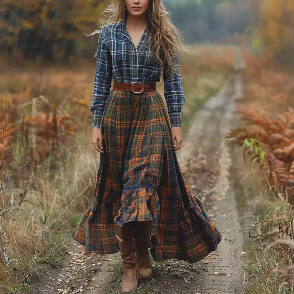 Retro V-neck Plaid Women's Long-sleeved Long Skirt Country Pastoral Retro Dress - Ootdyouth.com 