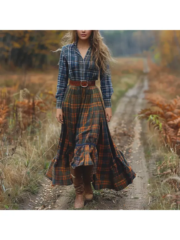 Retro V-neck Plaid Women's Long-sleeved Long Skirt Country Pastoral Retro Dress - Realyiyi.com 