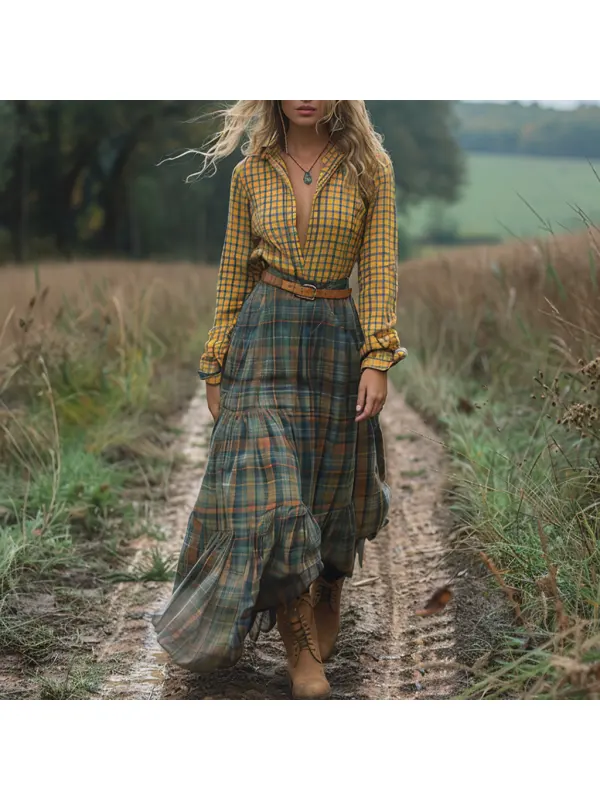 Retro V-neck Plaid Women's Long-sleeved Long Skirt Country Pastoral Retro Dress - Realyiyishop.com 