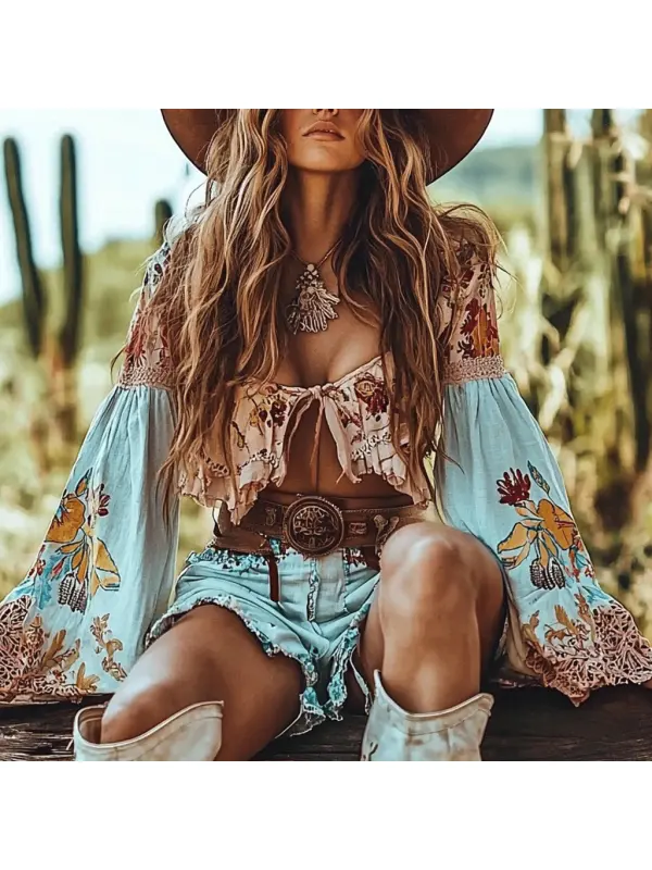 Women's Western Gypsy Flower Print Long Sleeve Shirt - Ootdmw.com 