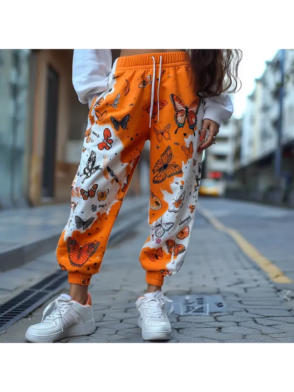 Halloween Butterfly Pumpkin Pattern Women's Jogger Casual Pants - Anrider.com 