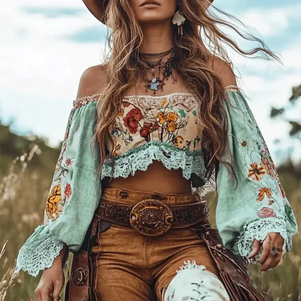 Women's Western Gypsy One Shoulder Sweet Mini Shirt - Spiretime.com 