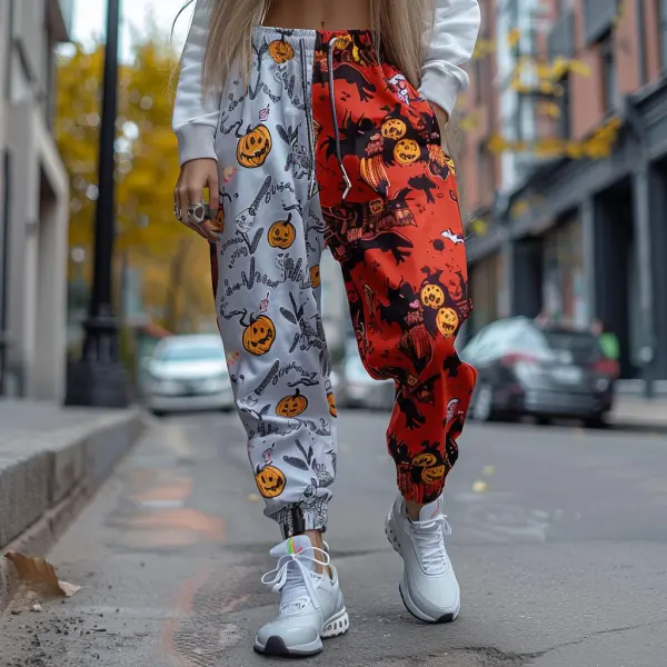 Women's Jogger Casual Pants With Halloween Pattern And Color Blocking - Ootdyouth.com 