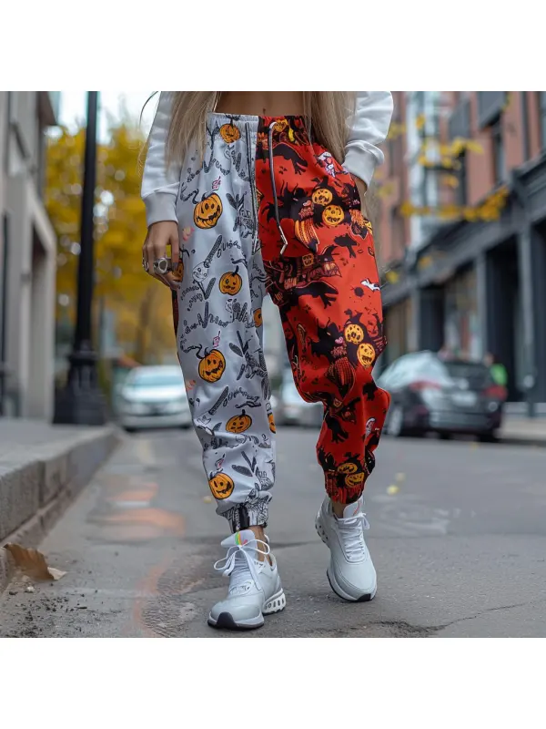 Women's Jogger Casual Pants With Halloween Pattern And Color Blocking - Ootdmw.com 