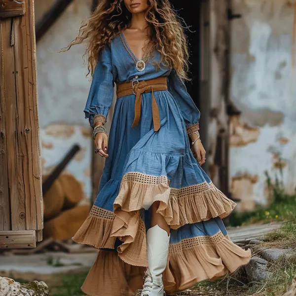 Women's Gypsy Contrast Color Stitching Bohemian Dress - Yiyistories.com 