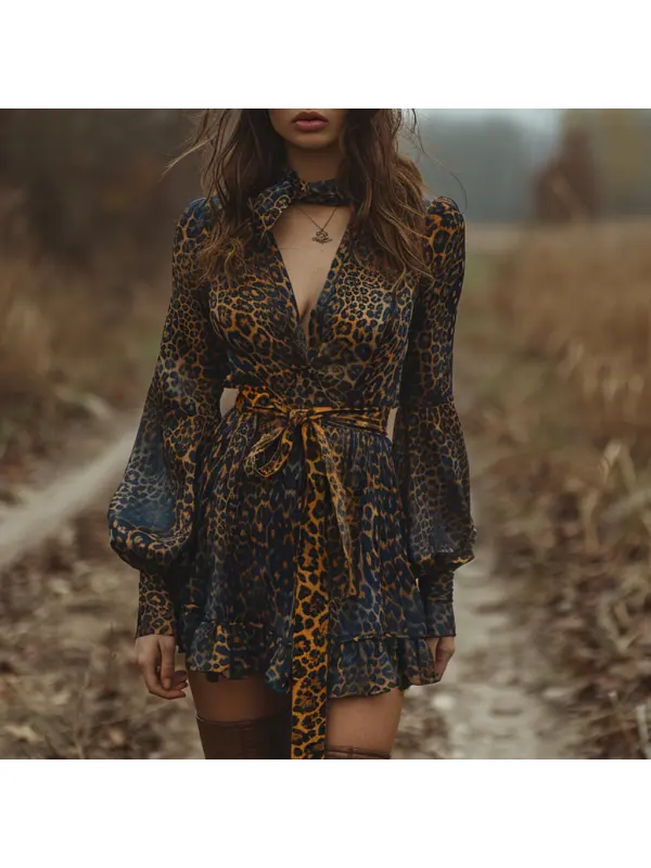 Women's Retro V-neck Long Sleeve Dress Short Leopard Print Dress Sexy Leopard Print Skirt - Viewbena.com 