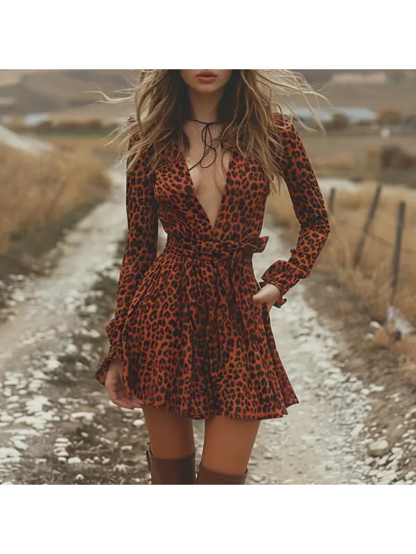 Women's Retro V-neck Long Sleeve Dress Short Leopard Print Dress Sexy Leopard Print Skirt - Realyiyi.com 