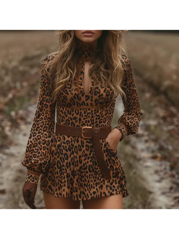 Women's Retro V-neck Long Sleeve Dress Short Leopard Print Dress Sexy Leopard Print Skirt - Realyiyishop.com 