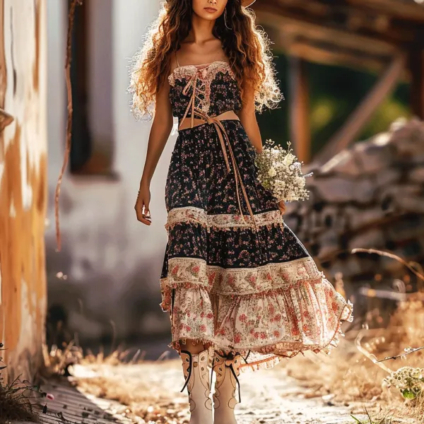 Women's Gypsy Mini Floral Stitching Sleeveless Dress - Ootdyouth.com 