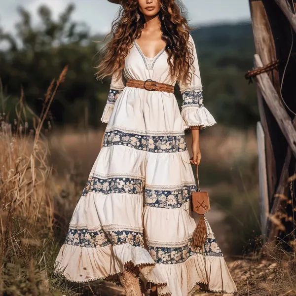 Women's Gypsy Flower Stitching Casual Bohemian Dress - Ootdyouth.com 