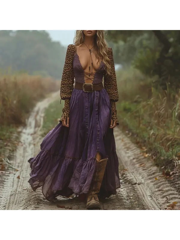 Retro V-neck Linen Women's Long-sleeved Long Skirt Pastoral Style Leopard Print Shirt Linen Dress - Viewbena.com 