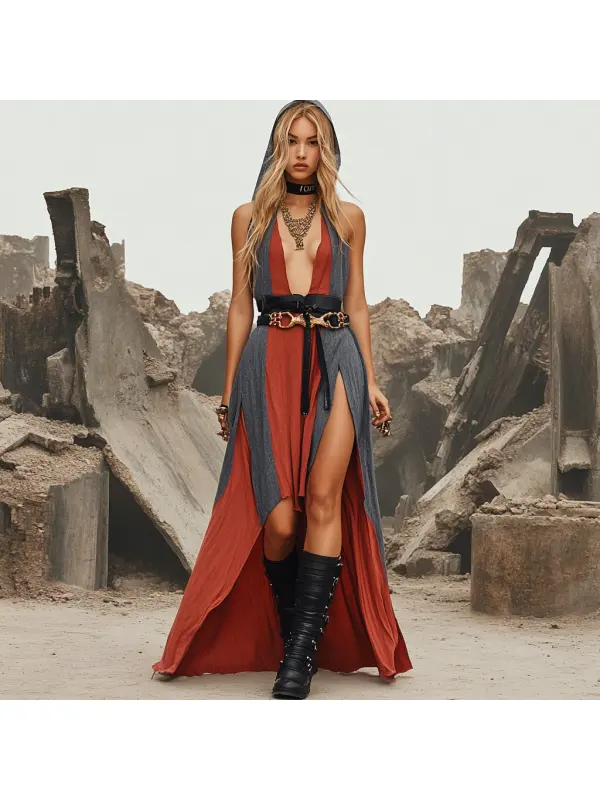 Ruin Wasteland Style Slit Hooded Dress - Anrider.com 