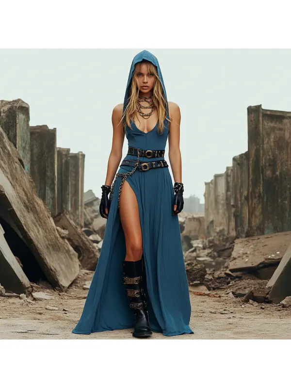 Ruin Wasteland Style Slit Hooded Dress - Anrider.com 