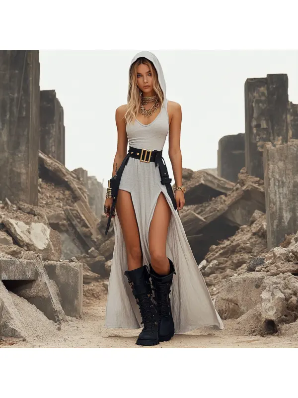 Ruin Wasteland Style Slit Hooded Dress - Anrider.com 