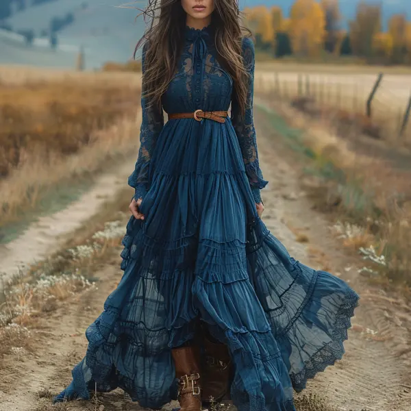 Retro V-neck Lace Linen Women's Long-sleeved Long Skirt Pastoral Style Linen Dress - Spiretime.com 