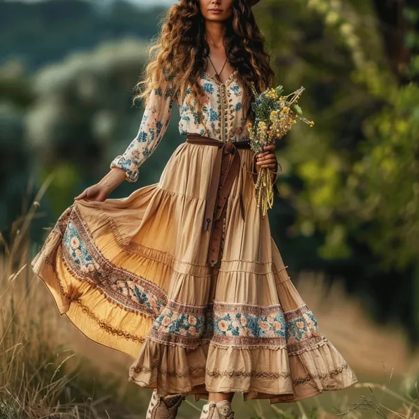 Women's Gypsy Flower Print Stitching Bohemian Dress - Ootdyouth.com 