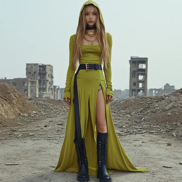 Ruin Wasteland Style Slit Hooded Dress - Ootdyouth.com 