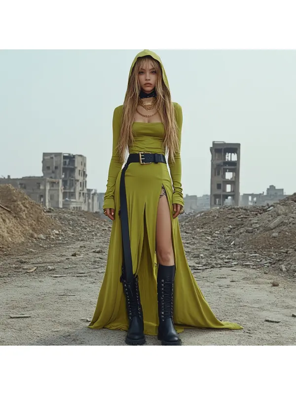 Ruin Wasteland Style Slit Hooded Dress - Anrider.com 