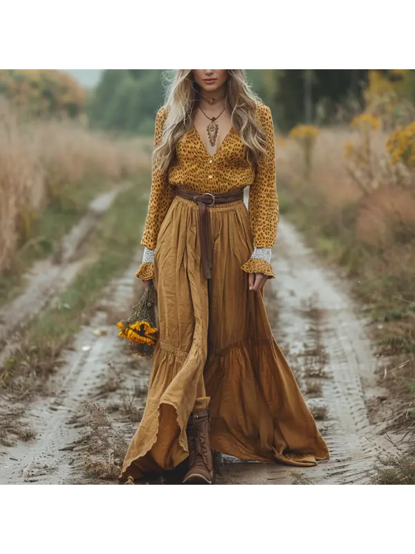 Retro V-neck Linen Women's Long-sleeved Long Skirt Pastoral Style Leopard Print Shirt Linen Dress - Viewbena.com 
