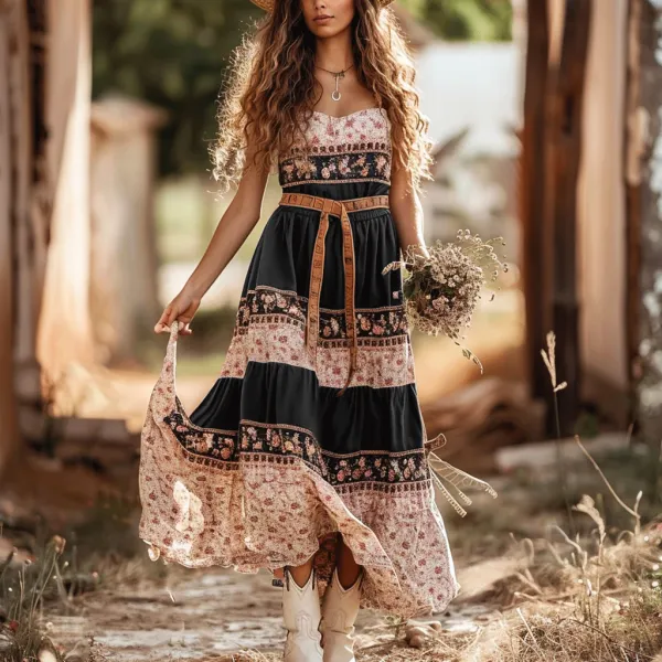 Women's Gypsy Mini Floral Stitching Casual Sleeveless Dress - Yiyistories.com 