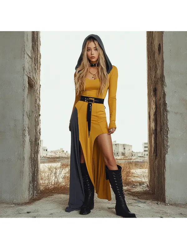 Ruin Wasteland Style Slit Hooded Dress - Anrider.com 