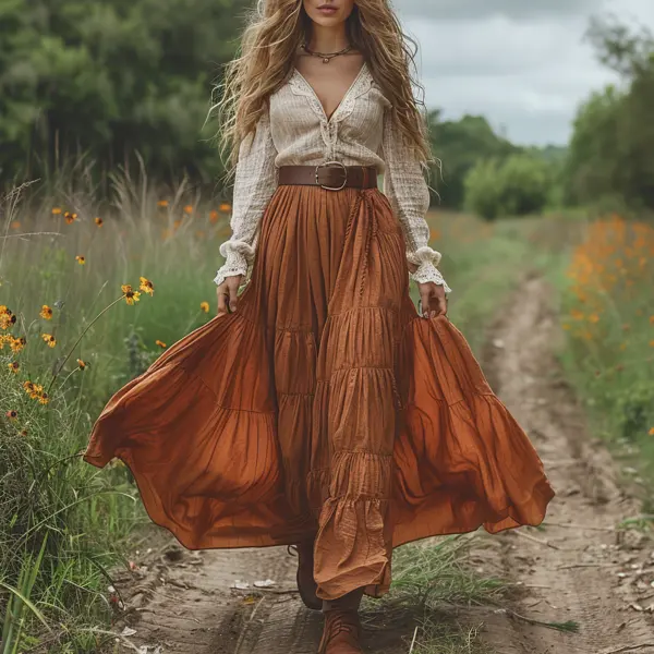 Retro V-neck Lace Linen Women's Long-sleeved Long Skirt Pastoral Style Linen Dress - Ootdyouth.com 