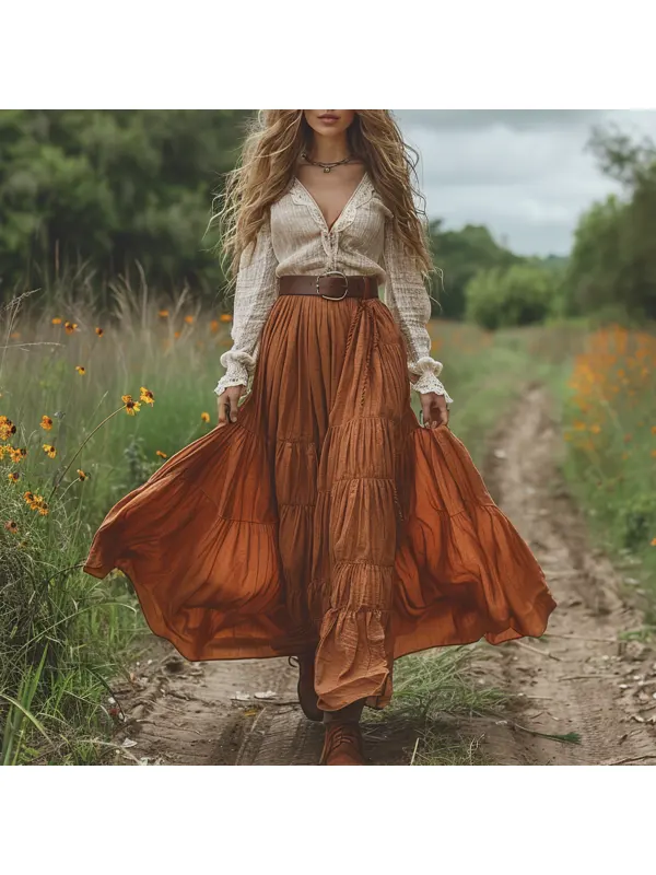 Retro V-neck Lace Linen Women's Long-sleeved Long Skirt Pastoral Style Linen Dress - Viewbena.com 