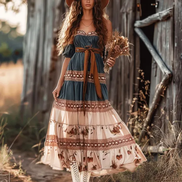 Women's Gypsy Flower Print Stitching Bohemian Dress - Ootdyouth.com 