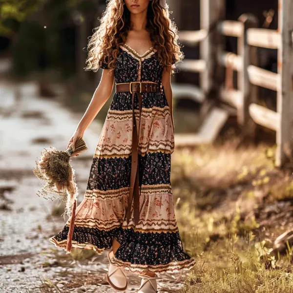 Women's Bohemian Gypsy Mini Floral Patchwork Print Dress - Yiyistories.com 