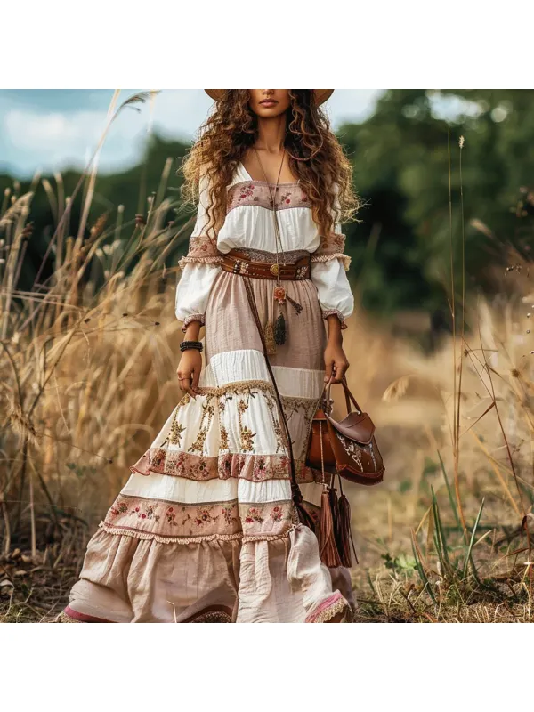 Women's Bohemian Gypsy Patchwork Maxi Dress - Ootdmw.com 