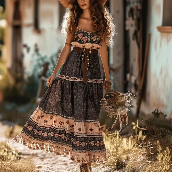 Women's Bohemian Gypsy Mini Floral Stitching Sleeveless Dress - Yiyistories.com 