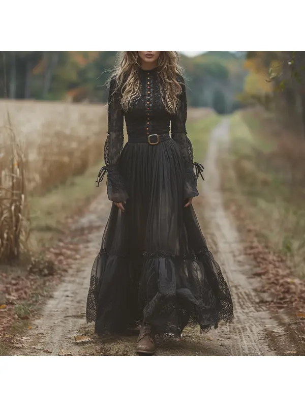 Retro Lace Linen Women's Long-sleeved Long Skirt Pastoral Style Linen Dress - Ootdmw.com 