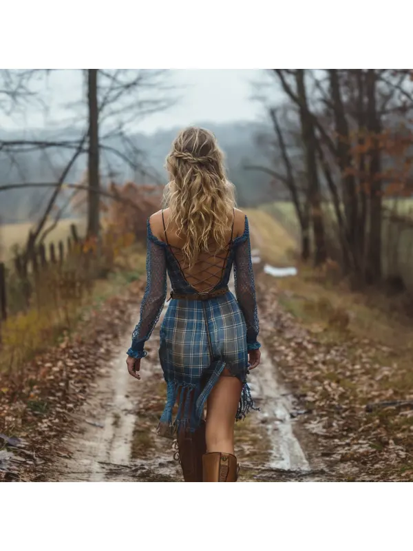 Retro Plaid Long Sleeve Dress Sexy Short Skirt - Ootdmw.com 