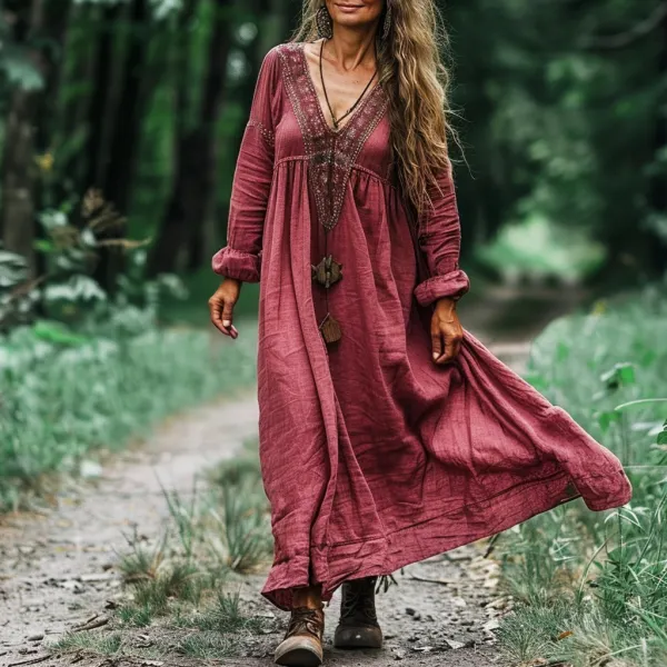 Women's Linen Bohemian Casual Loose Maxi Dress - Ootdyouth.com 