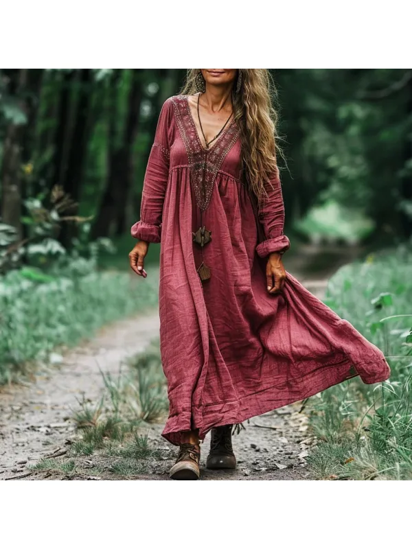 Women's Linen Bohemian Casual Loose Maxi Dress - Anrider.com 