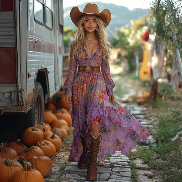 Vintage Cowgirl Style Halloween Floral Dress - Trisunshine.com 