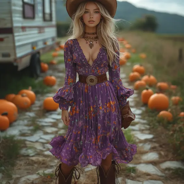 Vintage Cowgirl Style Halloween Floral Dress - Trisunshine.com 