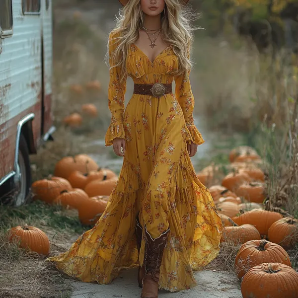 Vintage Cowgirl Style Halloween Floral Dress - Trisunshine.com 