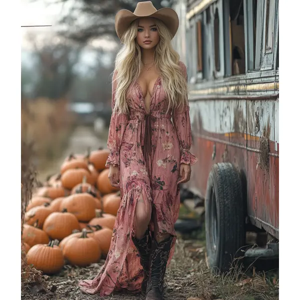 Vintage Cowgirl Style Halloween Floral Dress - Ootdyouth.com 